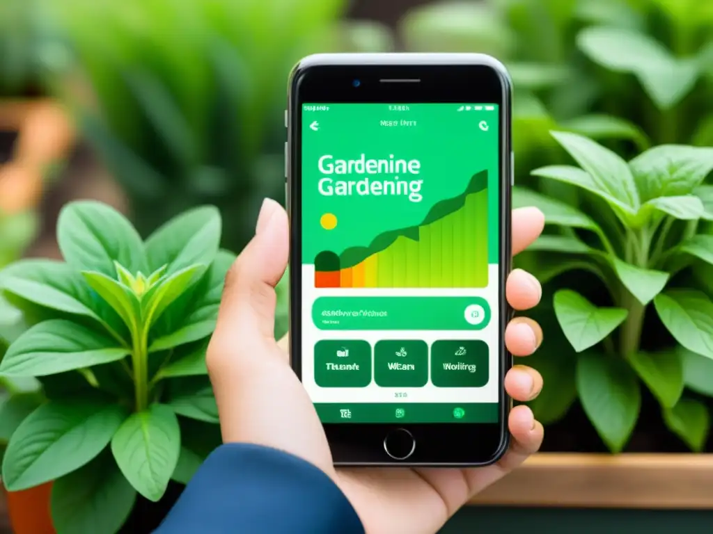 Un teléfono inteligente muestra una app para huertos urbanos conectados con interfaz intuitiva y vibrantes imágenes de plantas saludables