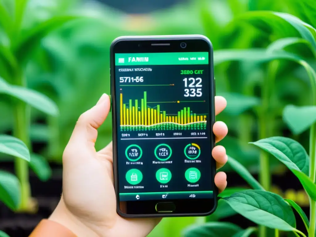 Un teléfono inteligente muestra datos de agricultura urbana, rodeado de vegetación y equipo agrícola de alta tecnología