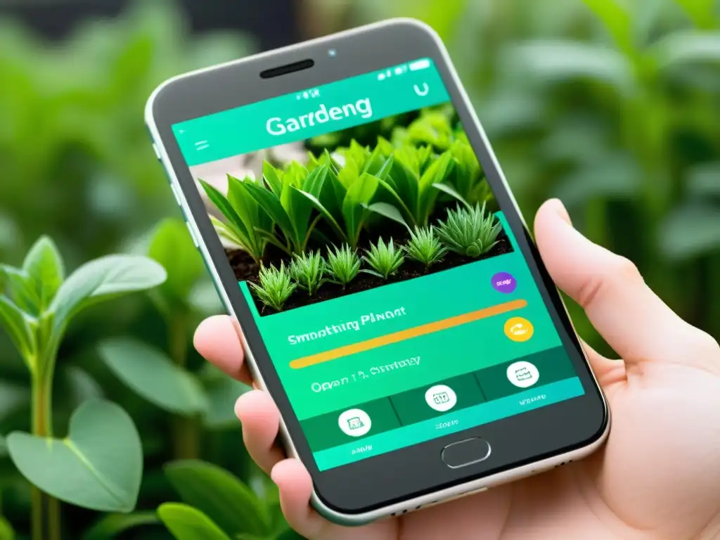 Un teléfono inteligente moderno muestra una app de jardinería con opciones de control automatizado de riego y luz