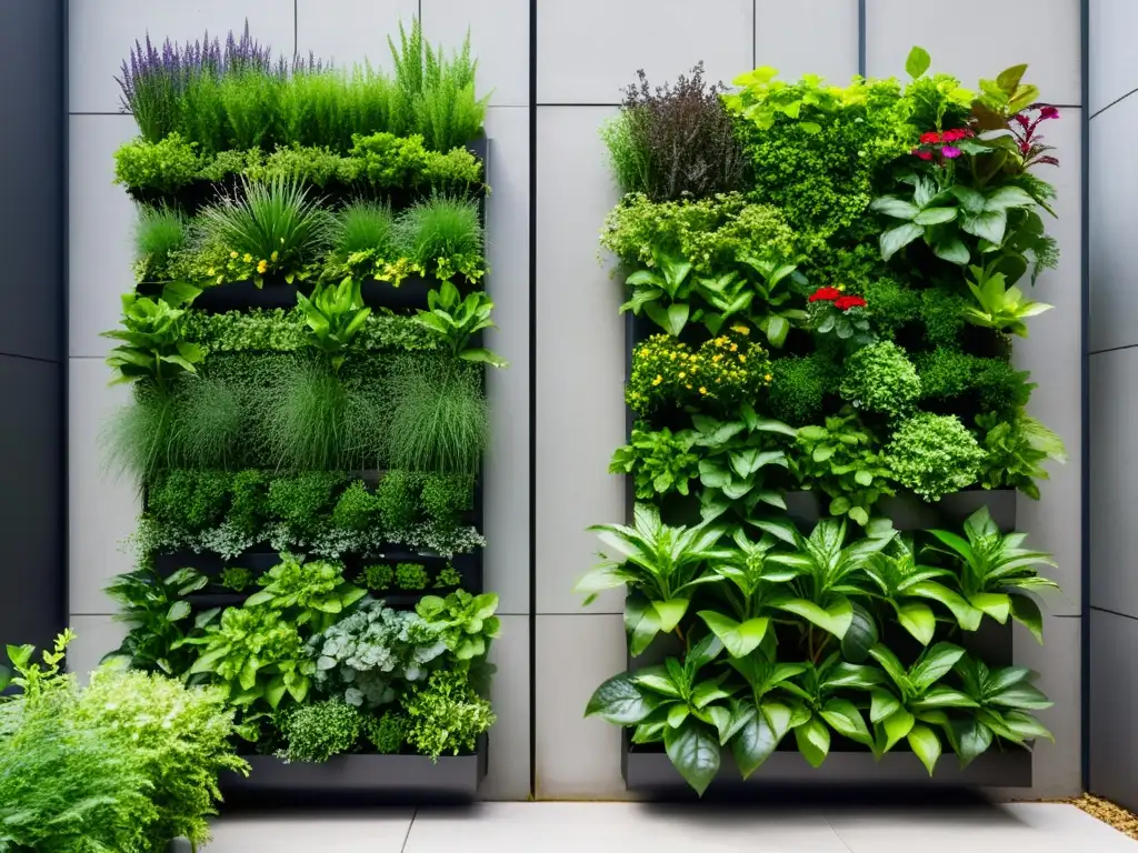 Tendencias de huertos verticales en la agricultura urbana: jardín vertical moderno con plantas exuberantes y geometría metálica