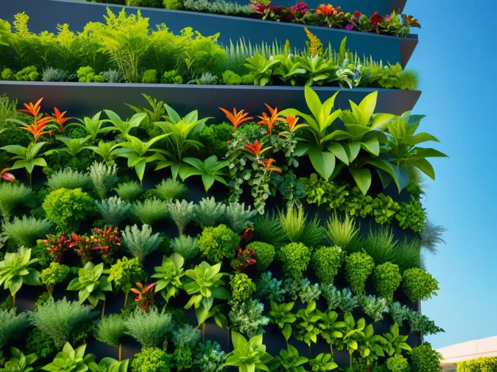 Un jardín terapéutico vertical vibrante y exuberante, con beneficios terapéuticos huertos verticales, enmarcado en arquitectura contemporánea