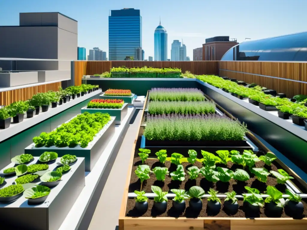 Un jardín de terraza urbana moderno y sostenible, con técnicas de cultivo urbano sostenible y una combinación armoniosa de naturaleza y tecnología