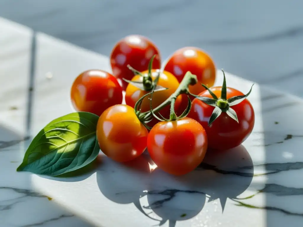 Tomates, albahaca y ajo: una sinfonía de frescura en mármol Tomates, albahaca y ajo frescos en tabla de mármol, perfectos para recetas de salsas para huertos verticales