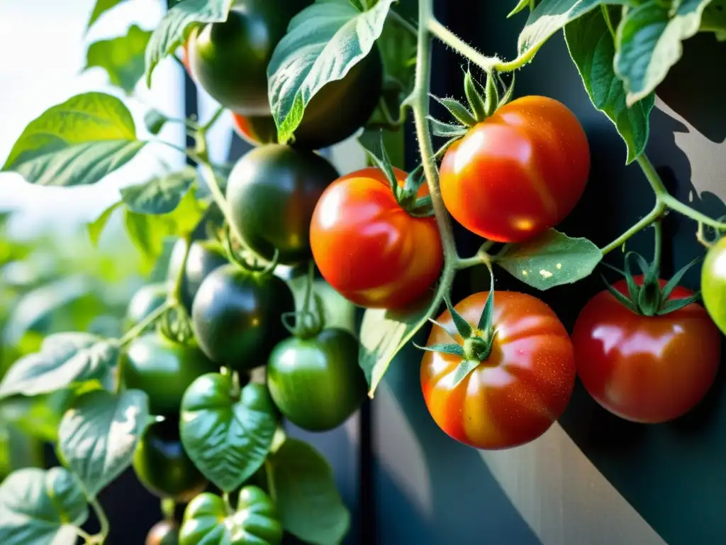 Tomates y pepinos frescos en huerto vertical, iluminados por el sol