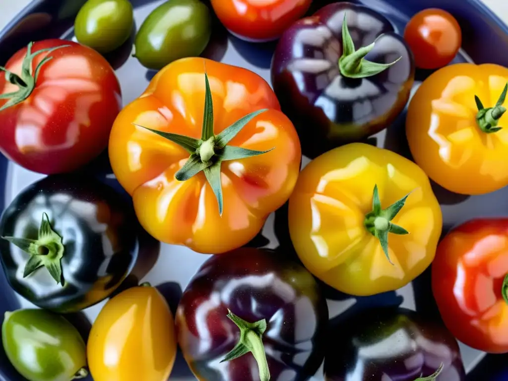 Tomates de terraza en casa: una vibrante variedad de tomates maduros en un plato cerámico, bañados por luz natural en una cocina elegante y moderna