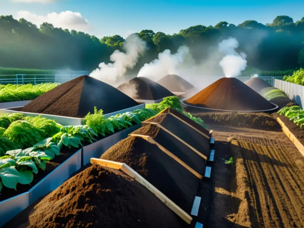 Trabajadores en una moderna planta de compostaje urbano, con filas ordenadas de montones de compost emitiendo vapor