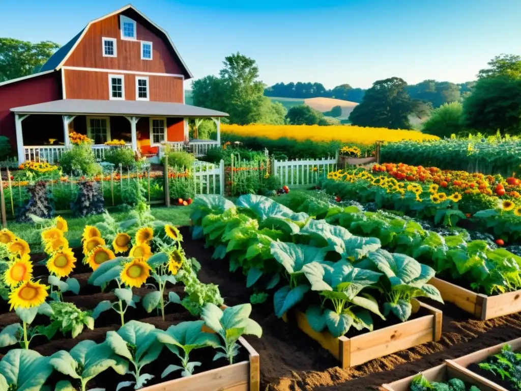 Un jardín tradicional exuberante y vibrante con tomates herencia, girasoles y vegetales