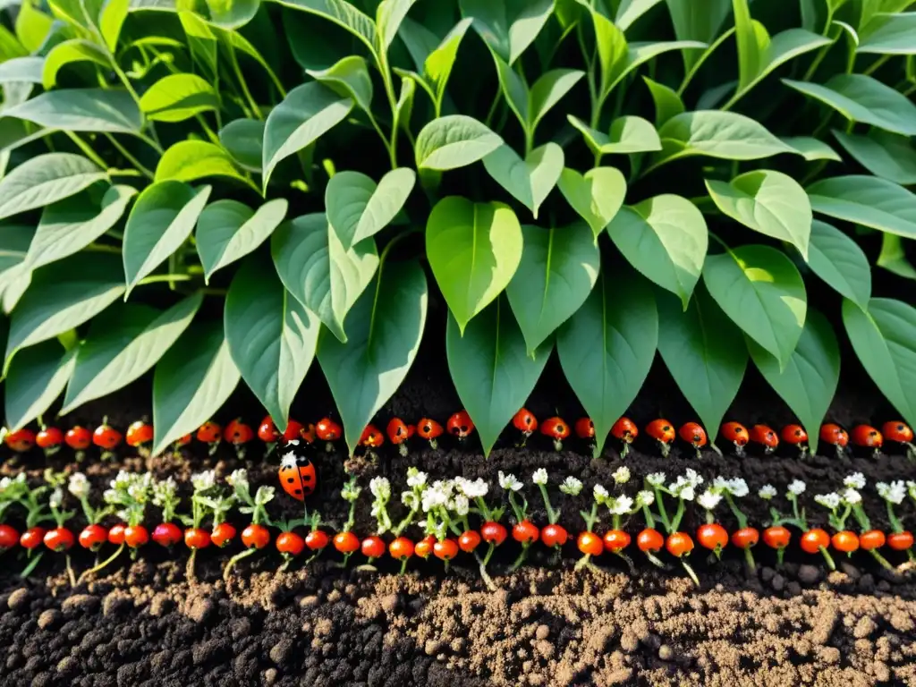 Un jardín tradicional rebosante de vida y colores vibrantes, con ventajas de huertos verticales hidropónicos