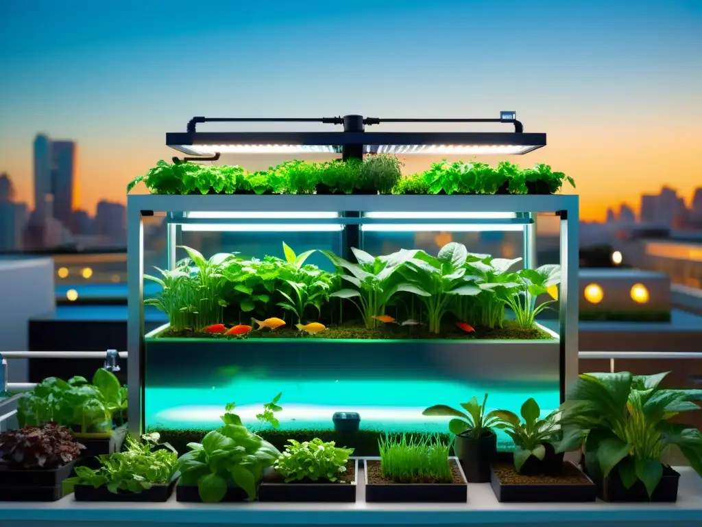 Acuaponía urbana con diseño moderno, peces vibrantes y plantas exuberantes