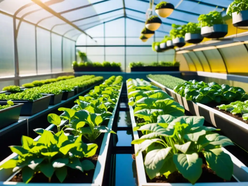 Un jardín de acuaponía urbana exuberante bañado en cálida y dorada luz solar, con vegetales verdes creciendo en camas ordenadas