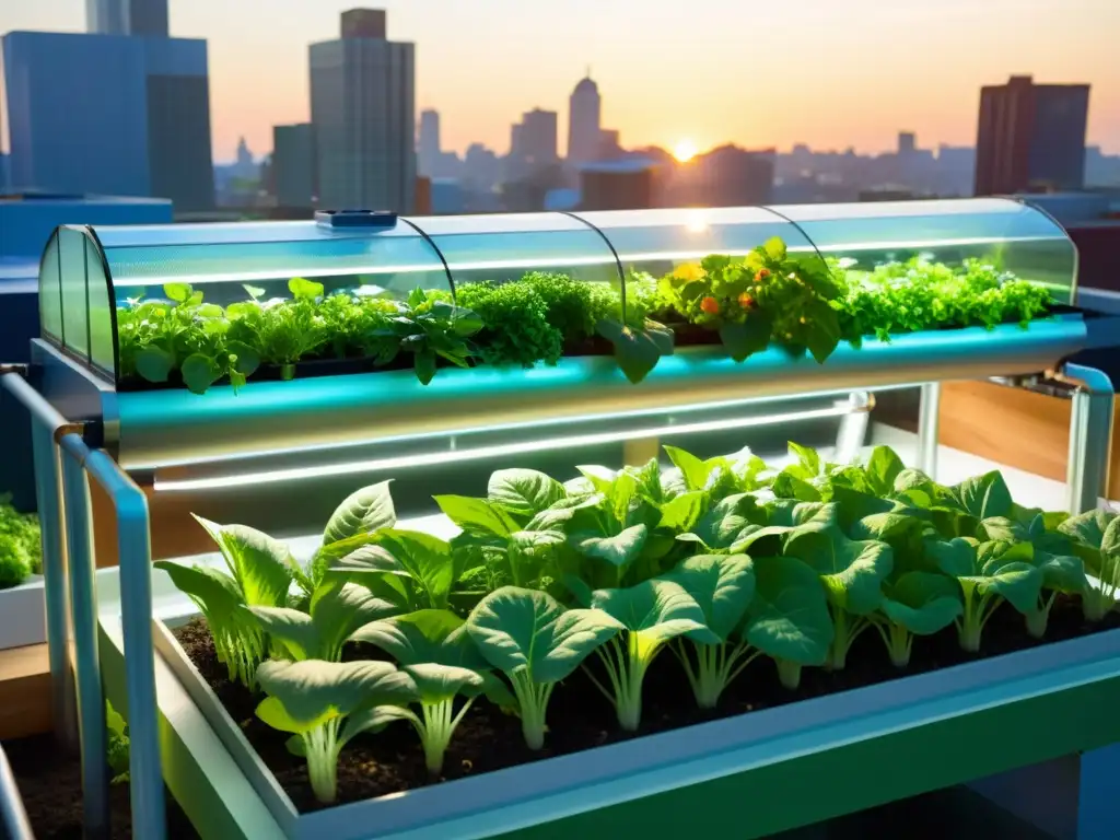 Un jardín de acuaponía urbana exuberante con verduras verdes y peces vibrantes en un sistema cristalino