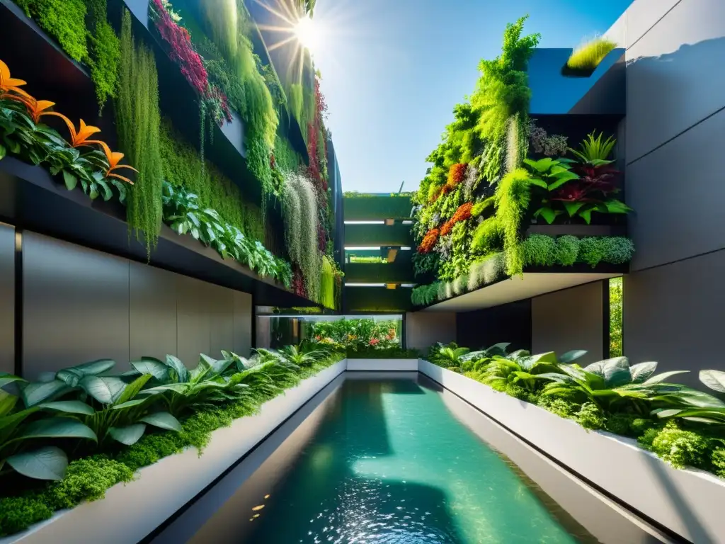 Acuaponía urbana en huertos verticales: impresionante paisaje urbano con jardín vertical, peceras y arquitectura contemporánea