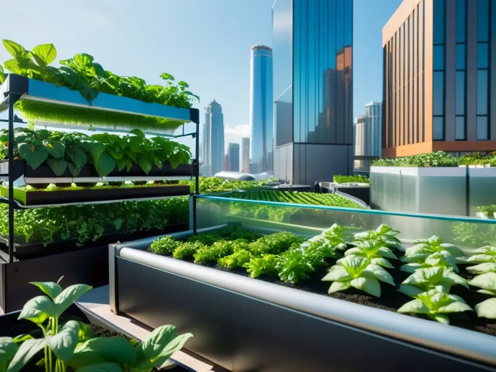 Acuaponía urbana en huertos verticales: Un jardín vertical vibrante con vegetales, hierbas y peces, contrastando con el paisaje urbano moderno