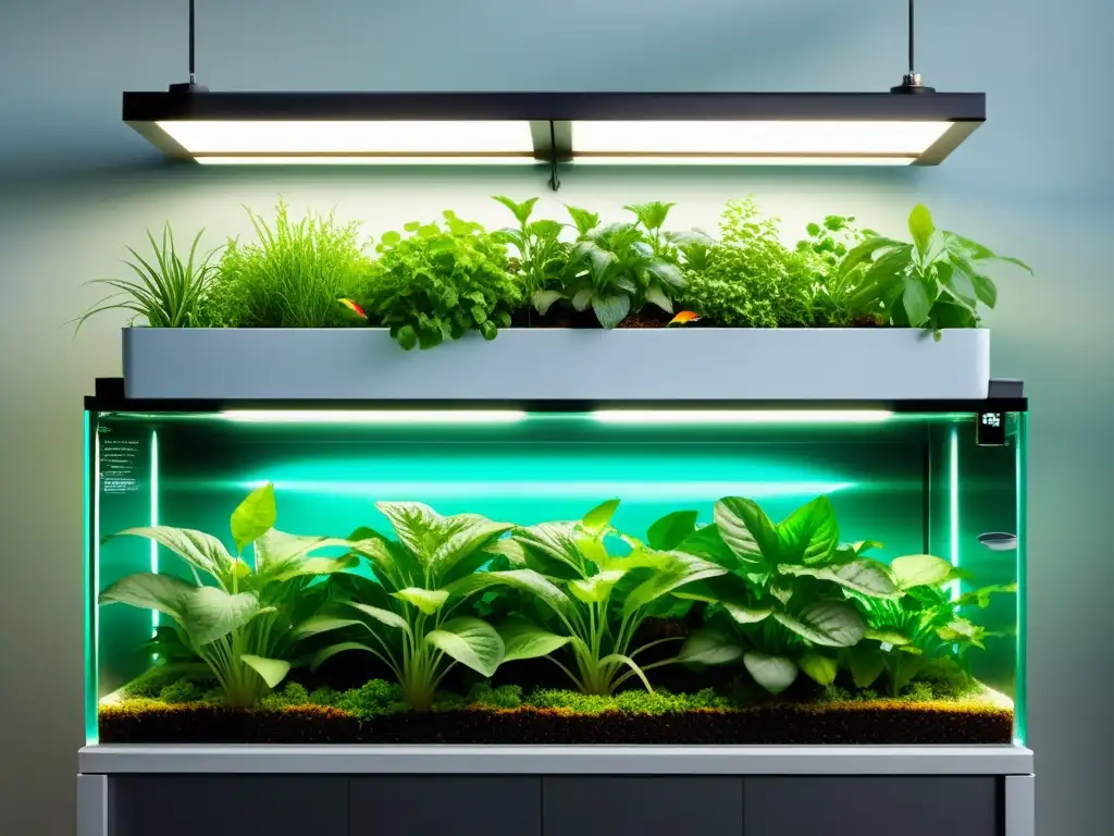 Una acuaponía urbana moderna y sofisticada con diversificación biológica, plantas exuberantes y peces coloridos en un entorno innovador y limpio