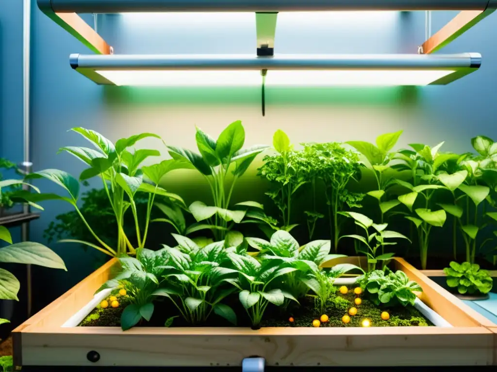 Un jardín de acuaponía urbana próspero y moderno, con plantas verdes vibrantes y un sistema innovador en el fondo