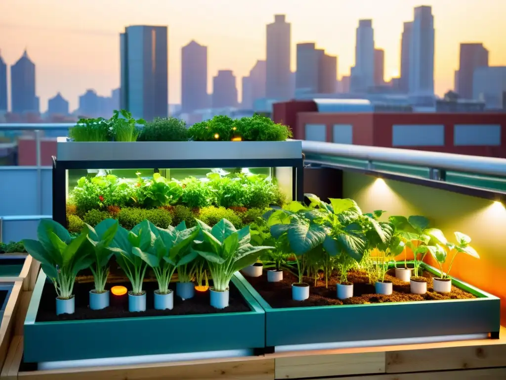 Acuaponía urbana para seguridad alimentaria: Un jardín de azotea moderno y vibrante con vegetales verdes y tanques de peces coloridos