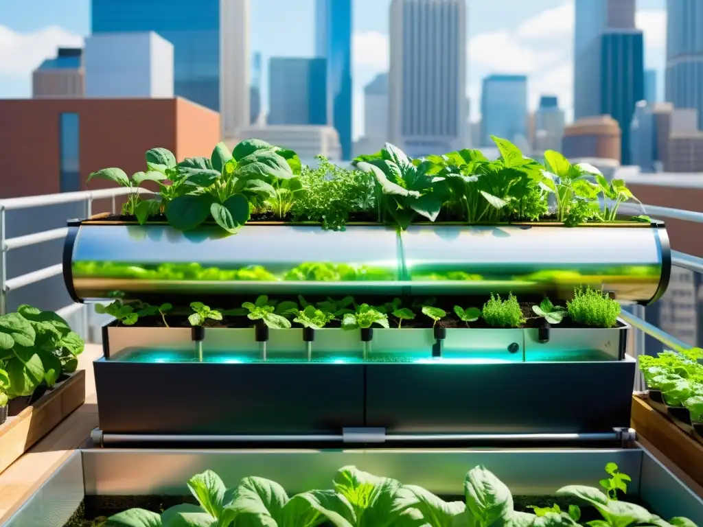 Acuaponía urbana para seguridad alimentaria: sistema moderno en azotea urbana con plantas verdes, agua y skyline