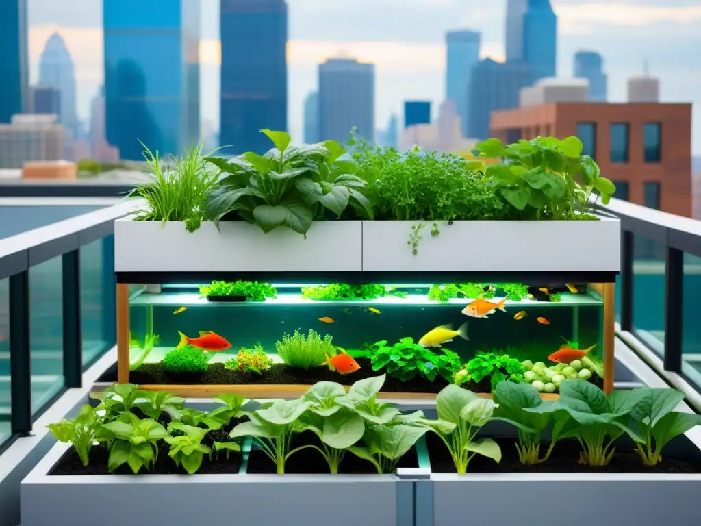 Acuaponía urbana: sistema moderno en azotea con verduras y peces, creando un oasis armonioso en la ciudad