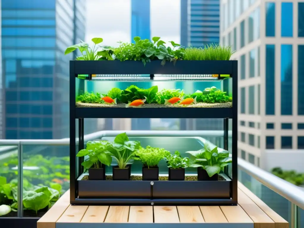 Acuaponía urbana: sistema vertical con vegetales verdes y peces coloridos, contraste entre naturaleza y ciudad