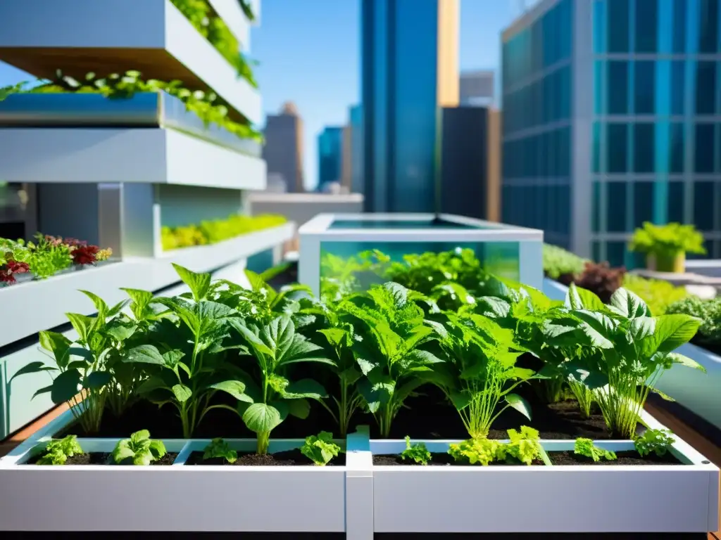 Acuaponía urbana sostenible: Jardín en la azotea con plantas exuberantes y peces coloridos en un sistema acuapónico moderno