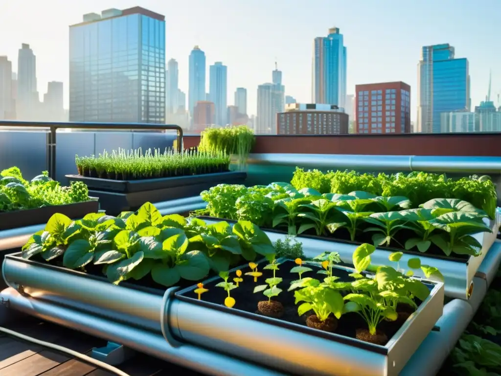 Un jardín de acuaponía urbana en un techo, con vegetales, hierbas y peceras, rodeado de edificios altos