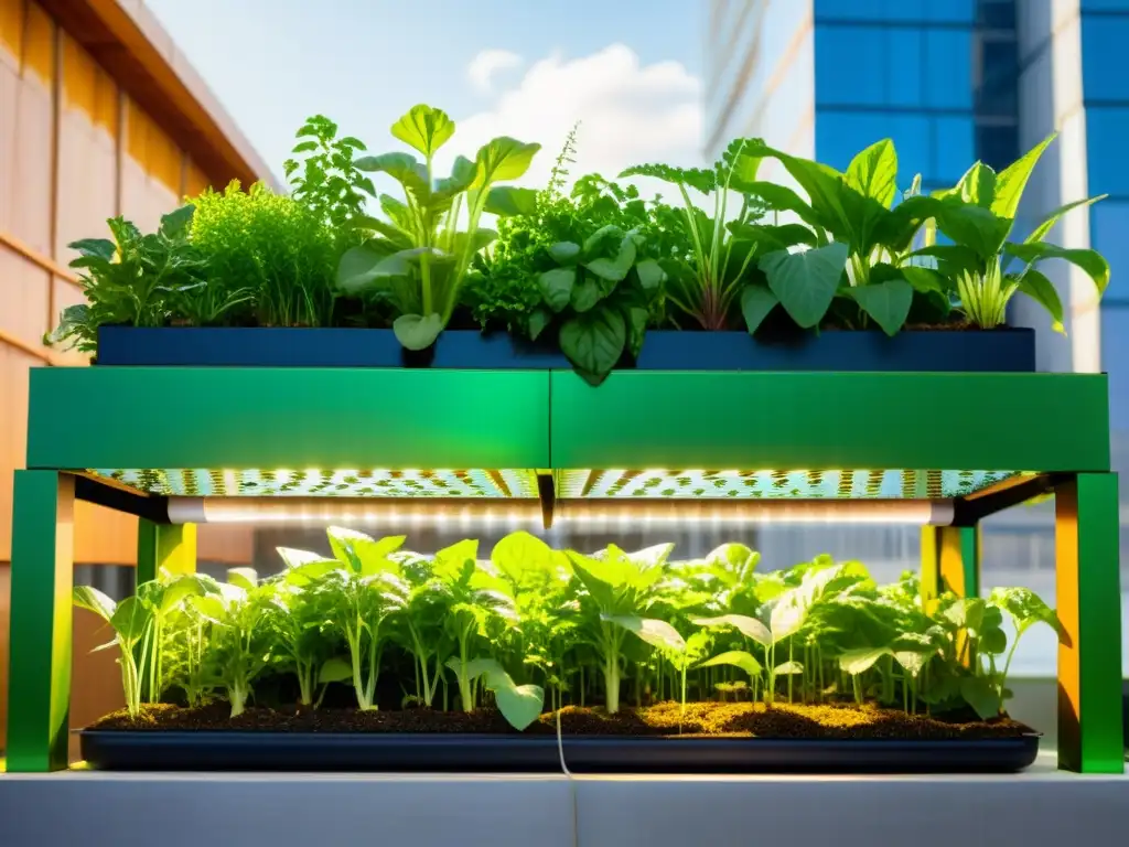 Acuaponía urbana con vegetales verdes y peces en agua clara