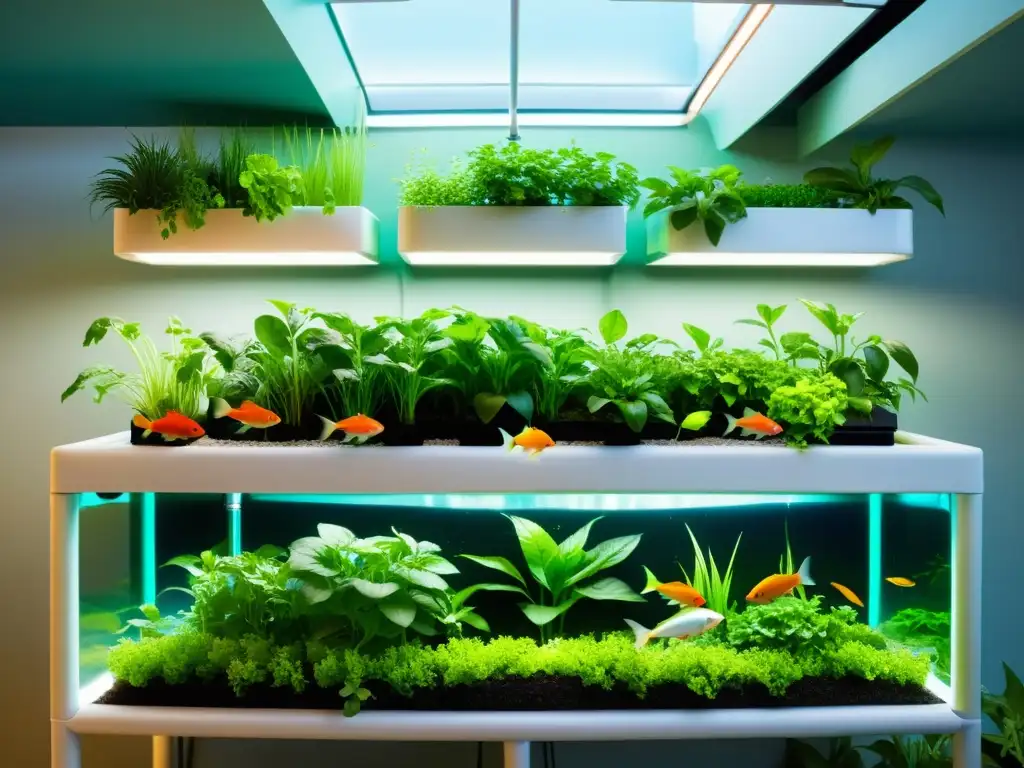 Una acuaponía urbana vibrante muestra la armonía entre plantas y peces, resaltando los beneficios Omega 3 en acuaponía urbana