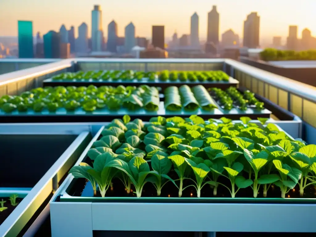 Un jardín de acuaponía urbana vibrante y detallado con verduras y hierbas exuberantes, bañado por la luz dorada