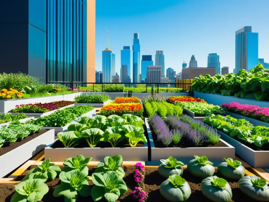 Un jardín de agricultura urbana vibrante y moderno con vegetales verdes y flores coloridas, en armonía con el modelo de negocio en agricultura urbana