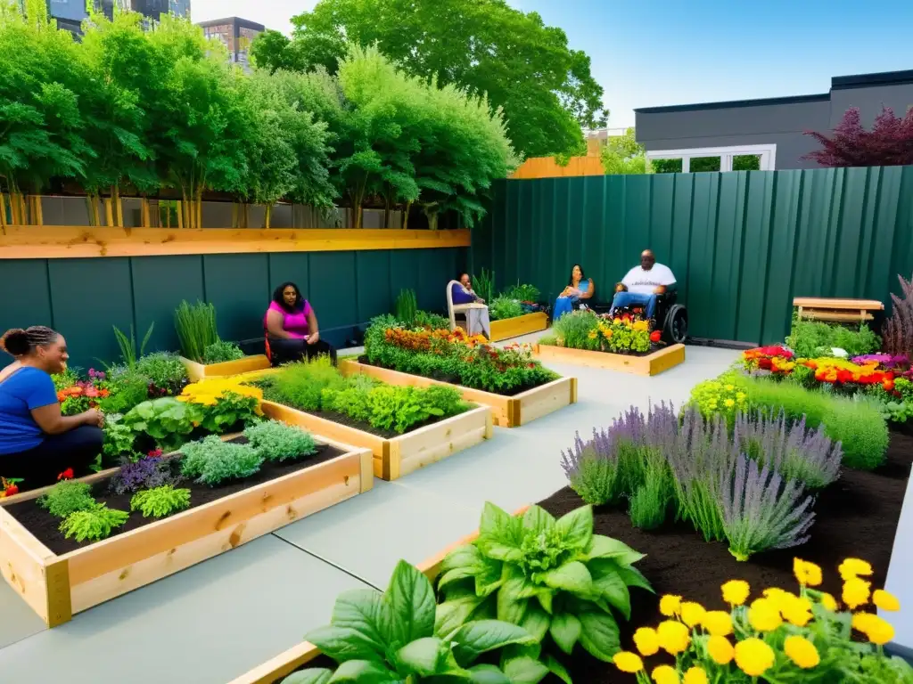 Un jardín urbano accesible y vibrante, lleno de flores, hierbas y verduras, donde personas con discapacidad disfrutan de la naturaleza