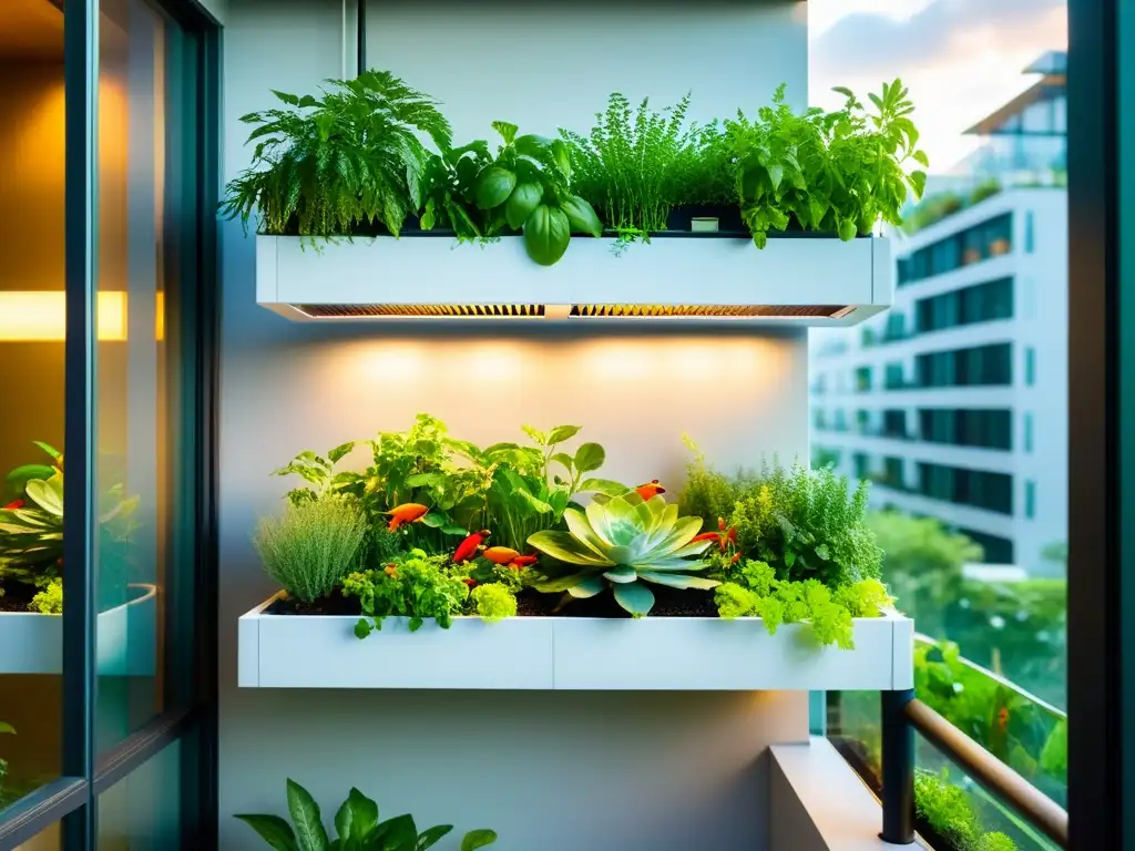 'Balcon urbano con acuaponía en agricultura urbana: plantas, peces y diseño moderno se fusionan en un oasis verde