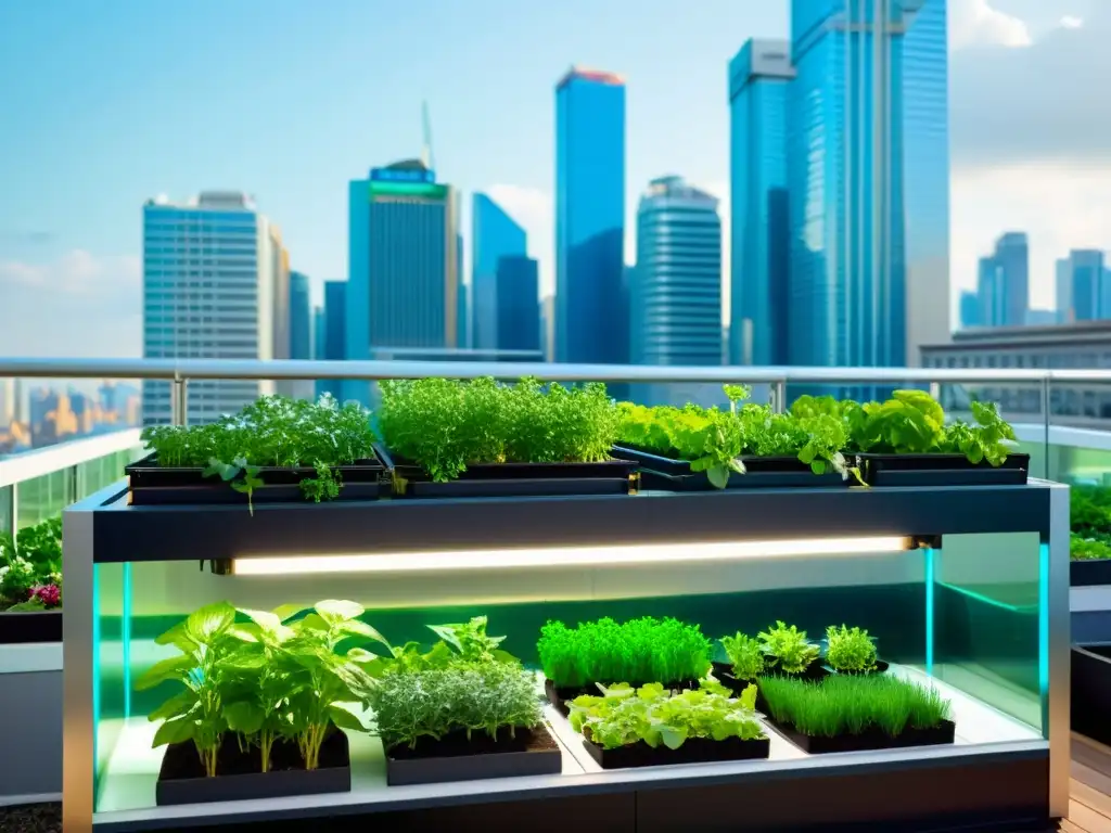 Jardín urbano con acuaponía en la agricultura urbana, destacando verduras exuberantes y un moderno sistema acuapónico