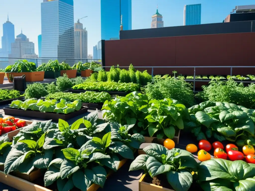 Jardín urbano con alimentos funcionales beneficios salud, colores vibrantes y diversidad, en contraste con rascacielos