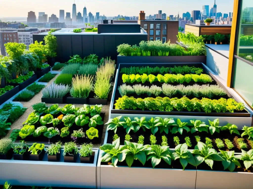 Un jardín urbano en las alturas, con huertos organizados y exuberante vegetación