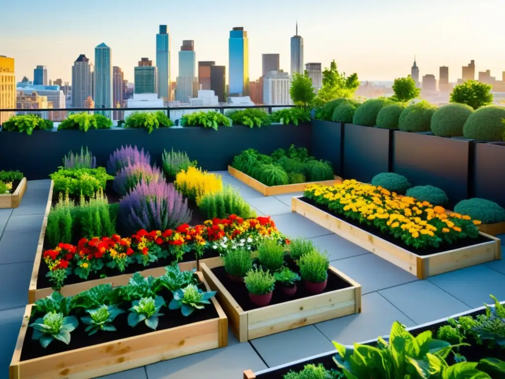 Un jardín urbano en alturas con plantas exuberantes y vibrante variedad de colores, contrastando con la vida citadina