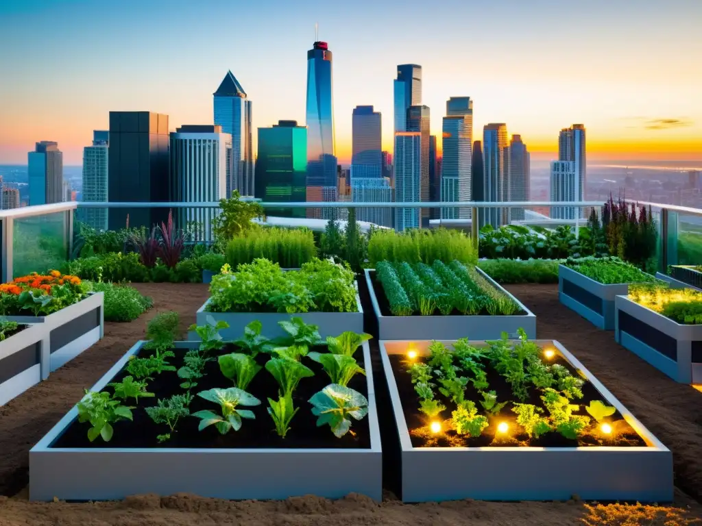 Jardín urbano automatizado con huertos elevados, luces LED y vegetación exuberante, frente a rascacielos y atardecer vibrante