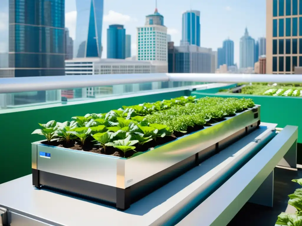 Un jardín urbano con acuaponía en la azotea, integrando la agricultura sostenible en la ciudad