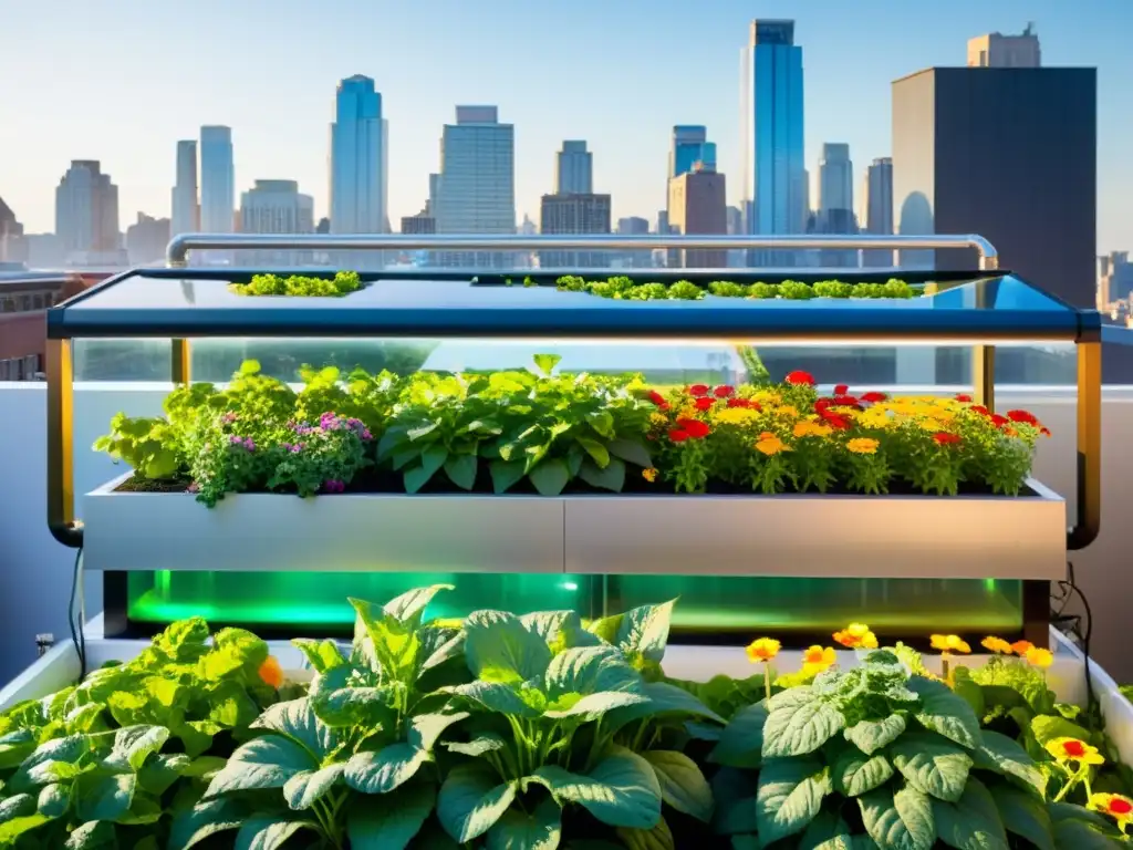 Jardín urbano en azotea con acuaponía en agricultura urbana orgánica, donde la naturaleza florece junto al paisaje urbano