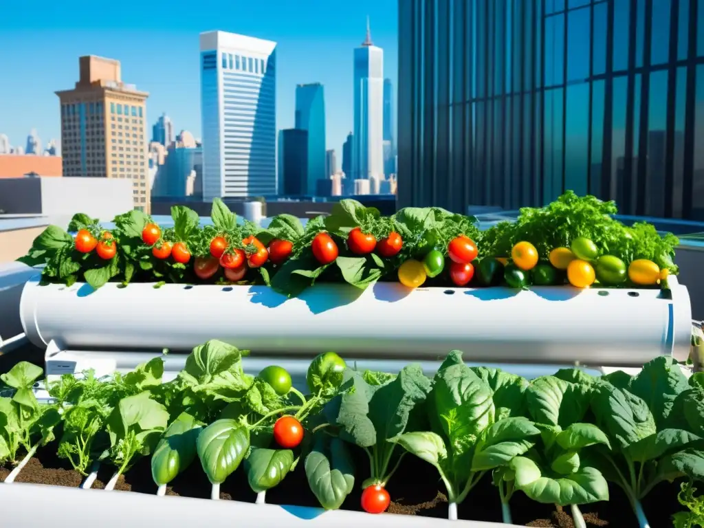 Jardín urbano en azotea con acuaponía para antioxidantes urbanos: verduras y frutas coloridas en modernos sistemas acuapónicos, con la ciudad de fondo