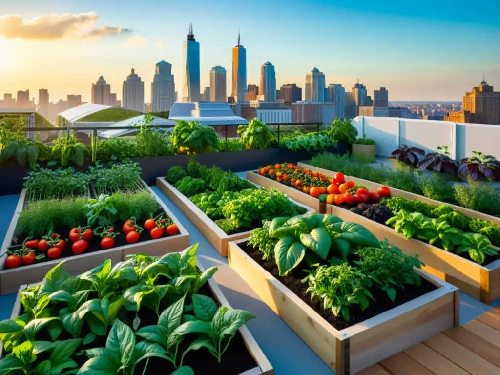 Jardín urbano en la azotea de la ciudad con cultivos de tomates, pimientos, hierbas y vegetales