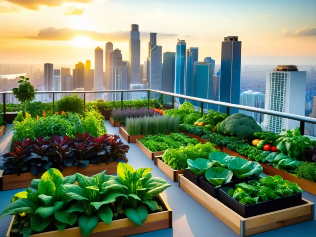 Jardín urbano en la azotea con cultivo vertical de variedades nutritivas, bajo el cálido sol entre rascacielos modernos