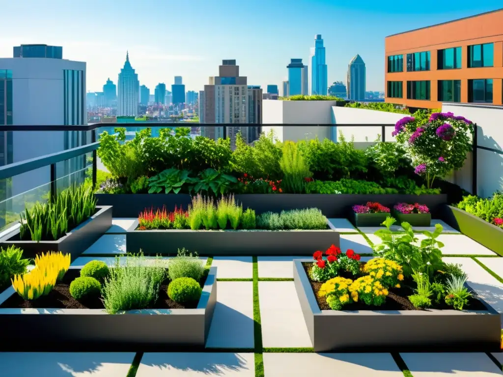 Jardín urbano en la azotea: oasis moderno entre rascacielos Un jardín urbano en la azotea con diseño estético huertos urbanos techos, mezcla de plantas vibrantes y exuberantes en patrones geométricos