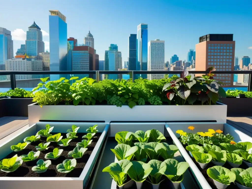 Jardín urbano en azotea con ecosistema equilibrado en la ciudad, integrando plantas, peces y skyline urbano