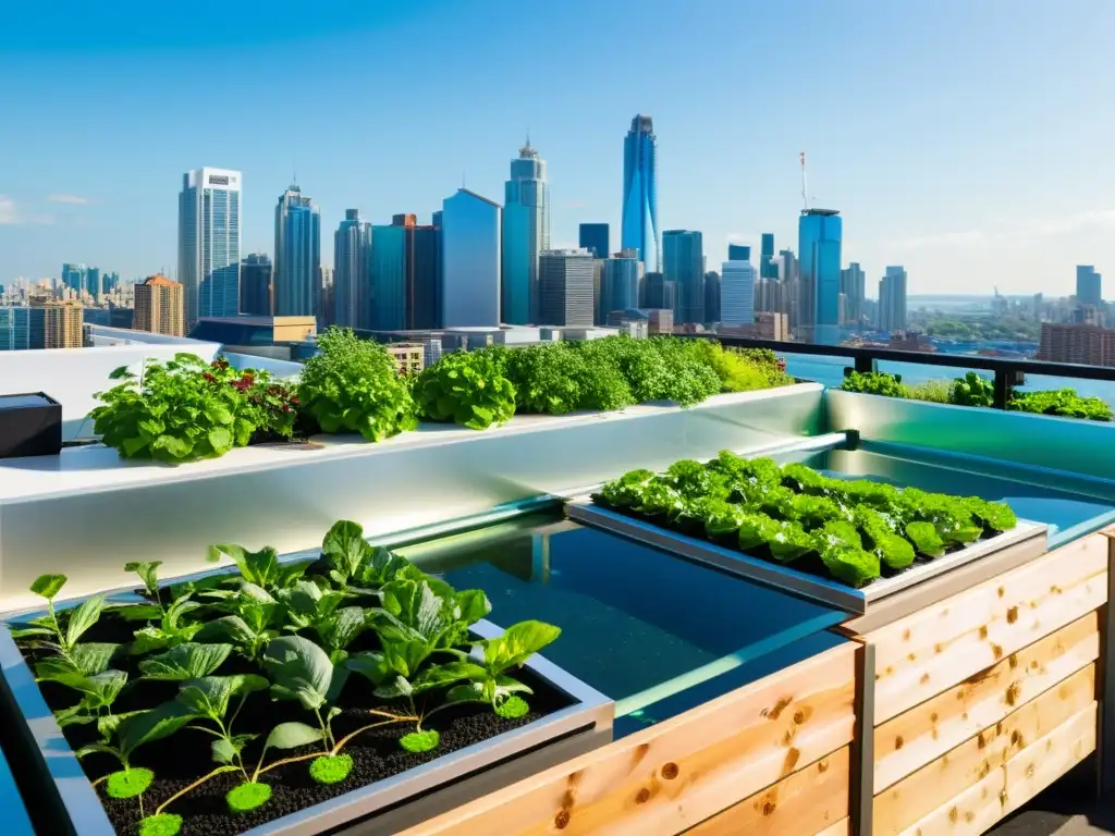 Un jardín urbano en la azotea con un elegante sistema de acuaponía, plantas exuberantes y peces vibrantes