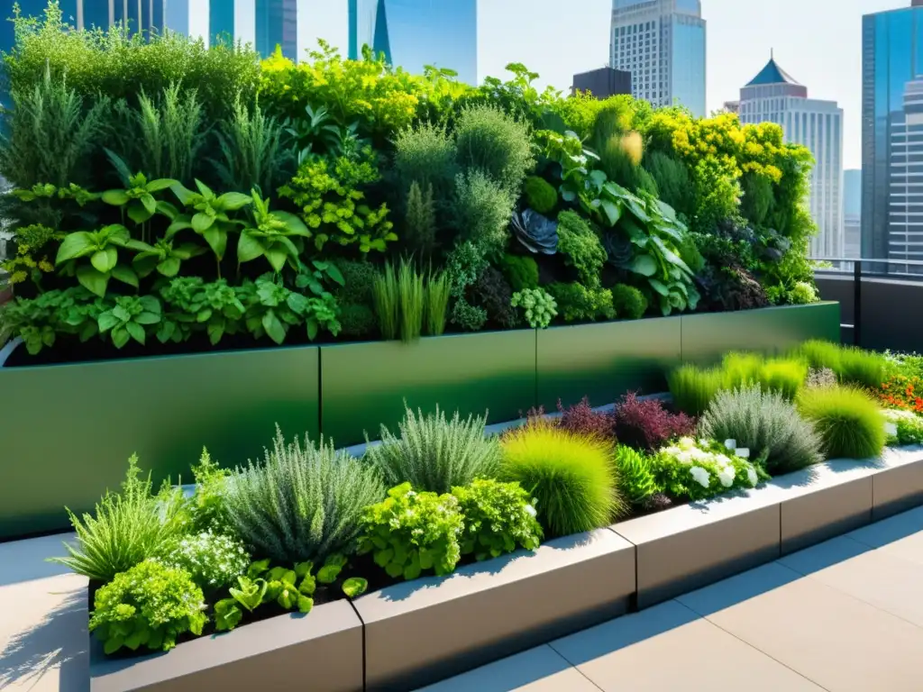 Un jardín urbano en azotea muestra una exuberante variedad de plantas en jardineras verticales