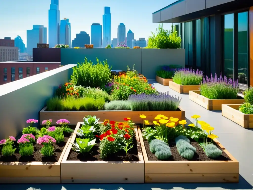 Jardín urbano en la azotea con flores coloridas, hierbas y verduras en camas elevadas, bajo el sol, con abejas y mariposas