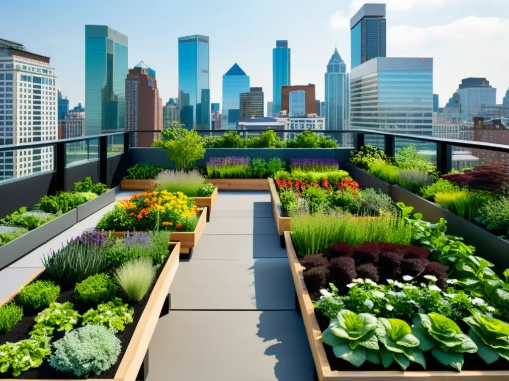 Un jardín urbano en azotea con huertos, plantas y mobiliario moderno, un oasis verde en la ciudad