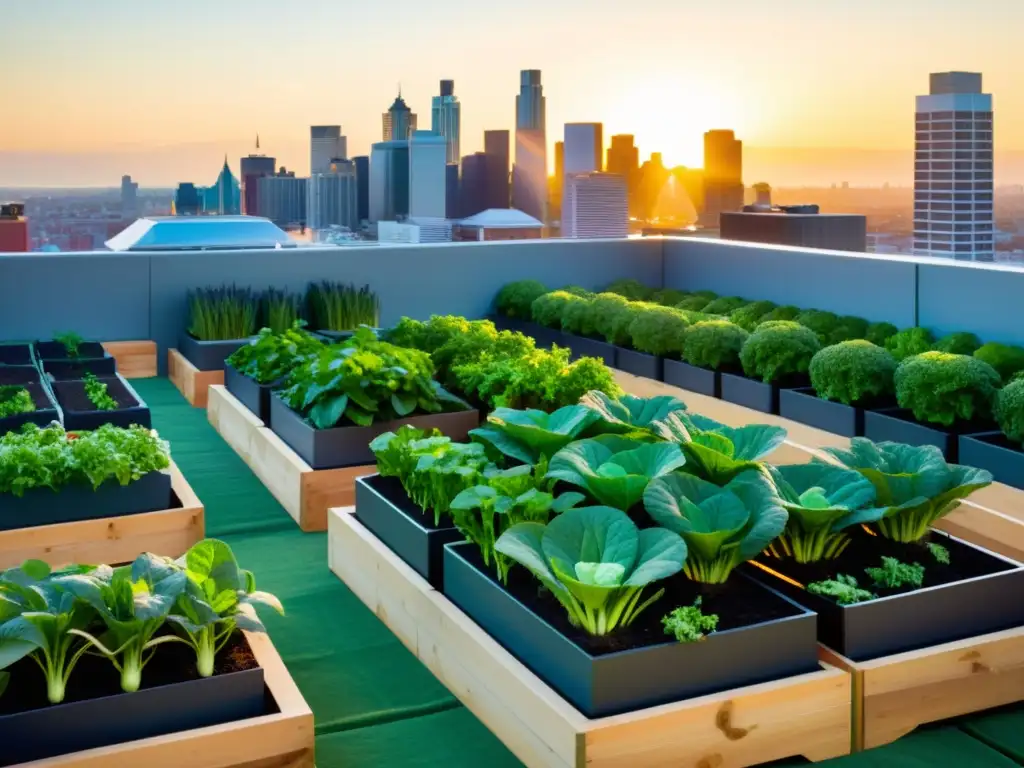 Un jardín urbano en la azotea con huertos verticales llenos de vegetales y hierbas, iluminado por la cálida luz del atardecer