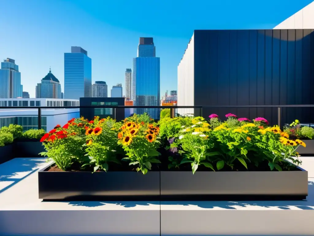 Jardín urbano en la azotea con huertos verticales urbanos materiales, rebosante de vegetación en contraste con la ciudad moderna y el cielo azul