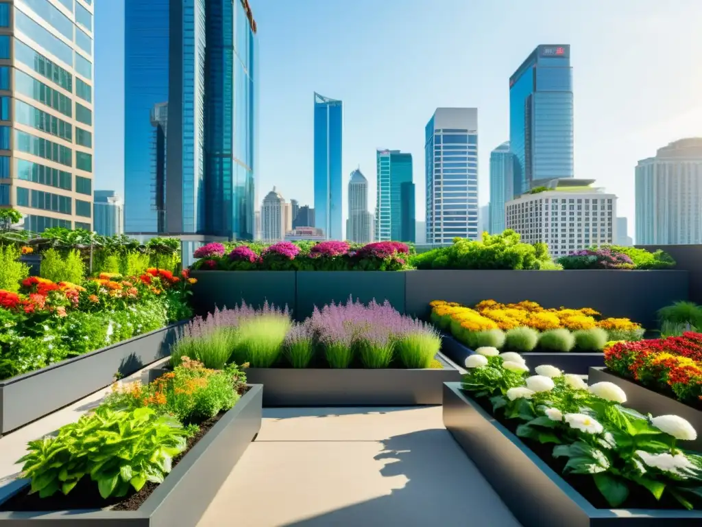 Un jardín urbano en la azotea, lleno de vegetación exuberante y flores vibrantes, junto a rascacielos modernos